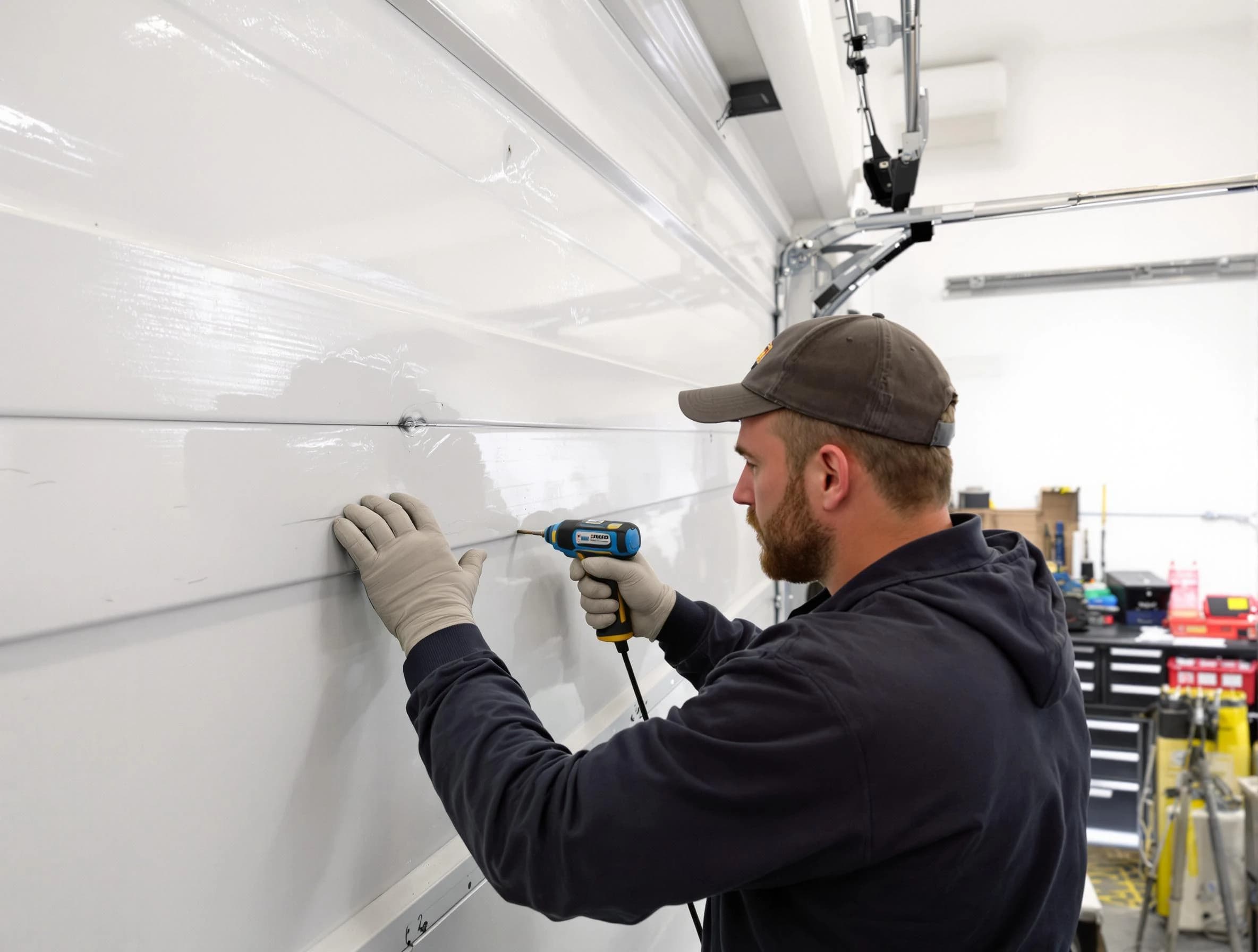 El Reno Garage Door Repair technician demonstrating precision dent removal techniques on a El Reno garage door